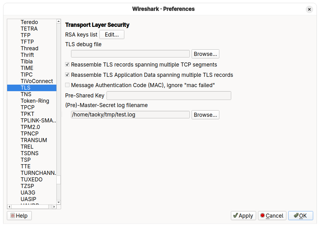 Wireshark setting pre-master-secret log filename